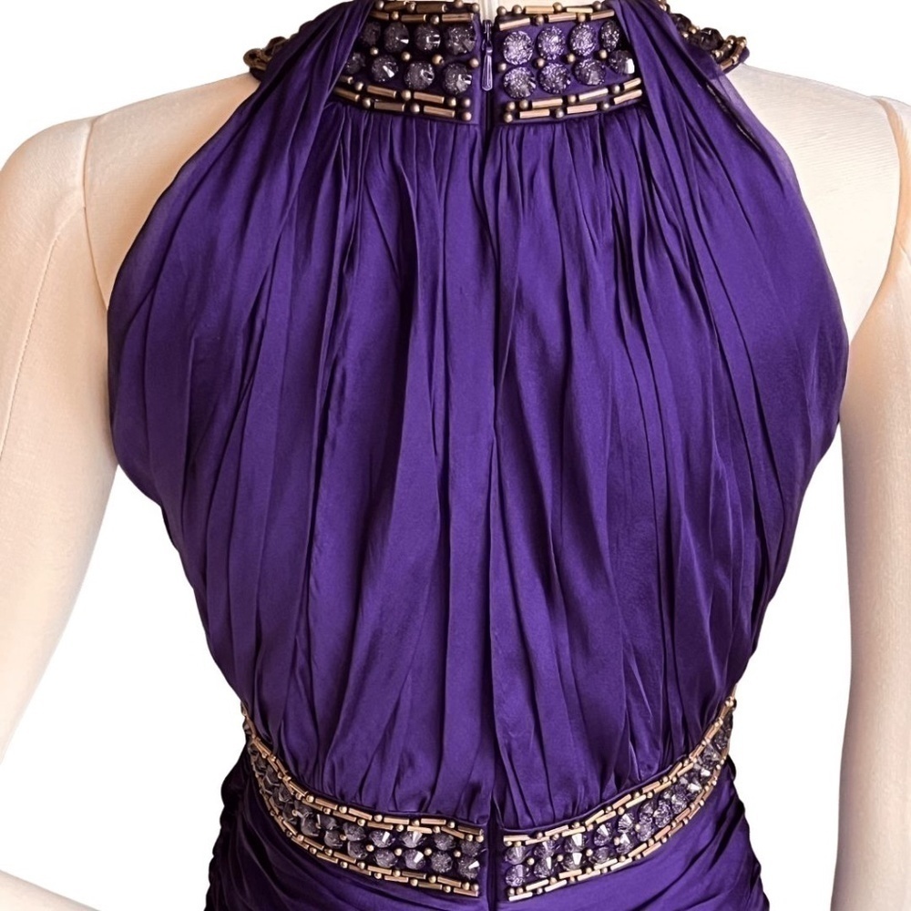 Carmen Marc Valvo Silk Purple Beaded Halter Ruched Cocktail Dress Size 8 - Picture 5 of 7